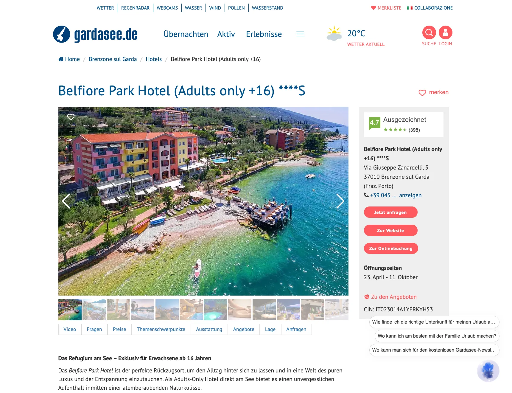 gardasee.de Hoteldetailseite mit Bildergalerie und Bewertungen