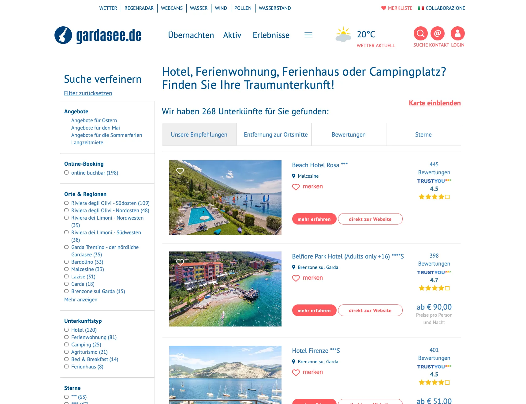 Unterkunftssuche auf gardasee.de mit Filteroptionen und Kartenansicht